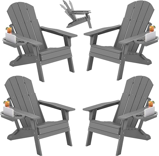 FOOWIN Folding Adjustable Adirondack Chair Set of 4,HDPE Adirondack Chair w/4 in 1 Cup Holder Trays,All-Weather Resistant Fire Pit Chair, Outdoor Chair for Patio Lawn Poolside,400lbs,Dark Grey