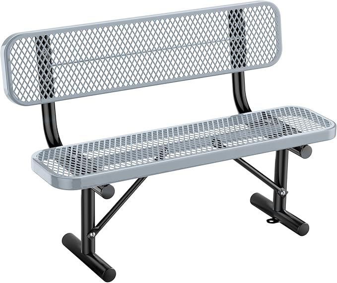 Heavy Duty Park Bench for Outside, Metal Park Bench with Back Portable Frame, Outdoor Steel Mesh Garden Bench with Backrest for Garden, Lawn, Patio, Porch, Park, Yard (Grey, 4FT/50INCH)
