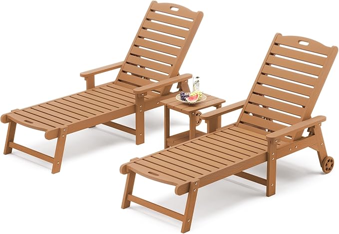 LUE BONA Chaise Lounge Chairs Set with Table, 3-Piece, 79'' Oversized HDPS Chaise Lounger, 5 Positions Adjustable Lounge Chairs, Pool Lounge Chair with Wheels for Poolside, 3 Year Warranty, Teak Color