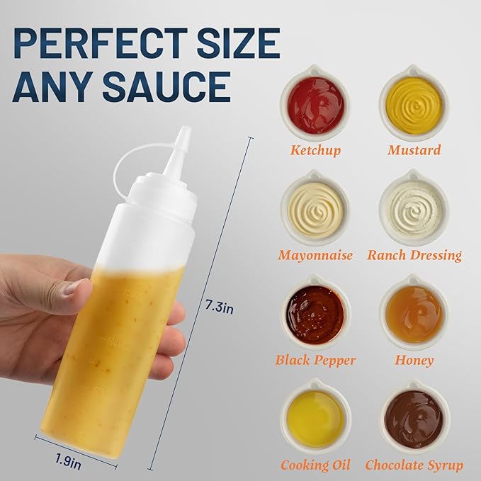 8 oz Squeeze Bottles for Sauces, Plastic Condiment Squeeze Bottles for Liquids, Ketchup, Squirt Bottle for Dressing, Sauce Bottle for Syrup, Oil, Dressing, Mustard, Pancake Batter - 6 Pack