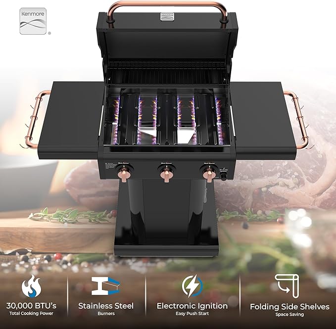 Kenmore 3-Burner Propane BBQ Grill, 30,000 BTUs Gas Grill with Cast Iron Cooking Grates, Folding Side Tables & Wheels, Outdoor Grill with Tool Hooks, Black/Copper + Bonus Cover