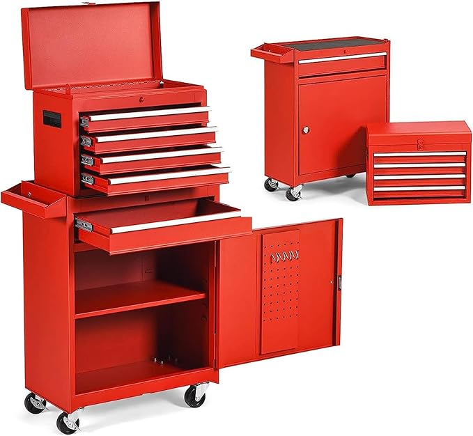 5 Drawer Rolling Tool Chest,Tool Storage Cabinet & Tool Box Cart with Wheels, Big Tools Removable Tool Box Combo,Tools Storage Boxs,Tools Case for Garage Warehouse Workshop (Red)