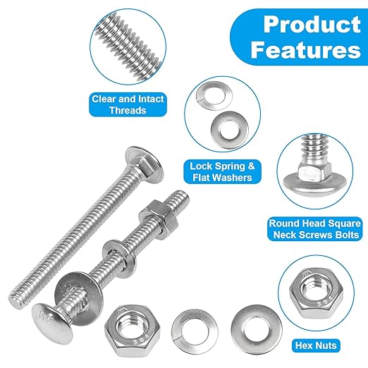 Yinpecly 16 Sets 1/4-20 x 2-1/2" Carriage Bolts Screws, 304 Stainless Steel Round Head Square Neck Carriage Bolts and Nuts Kit, with Flat & Lock Washers, Full Thread Coverage