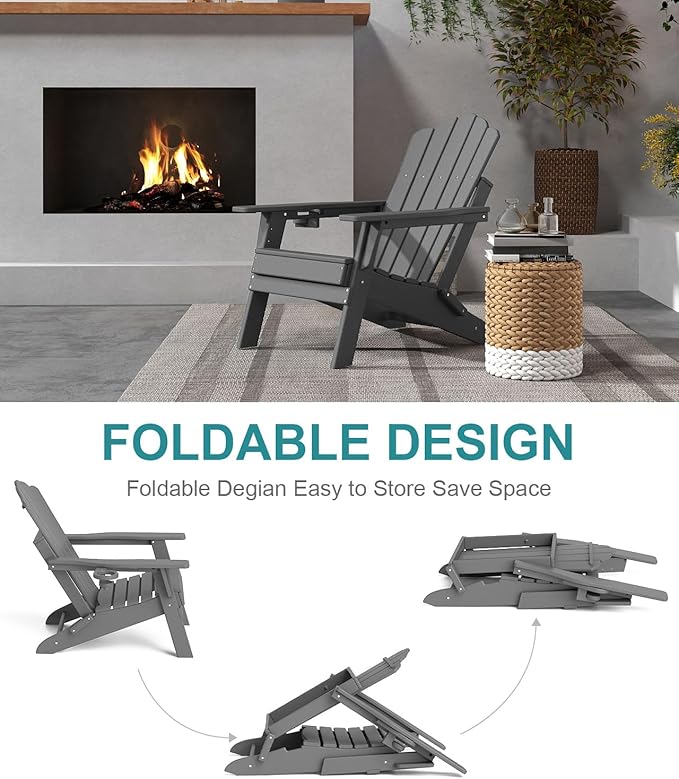 FOOWIN Adirondack Chair, Folding Adirondack Chair with Cup Holder, HDPE All-Weather Fire Pit Chair for Patio, Garden, Backyard, Poolside, Grey