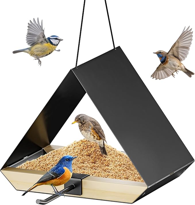 HOSUN Black Sturdy Metal Roof Bird Feeder - Durable Outdoor Hanging, Easy to Clean, Metal Mesh Ventilated, Bird Watching Gift & Garden Decor for Cardinals, Bluebirds & Wild Birds