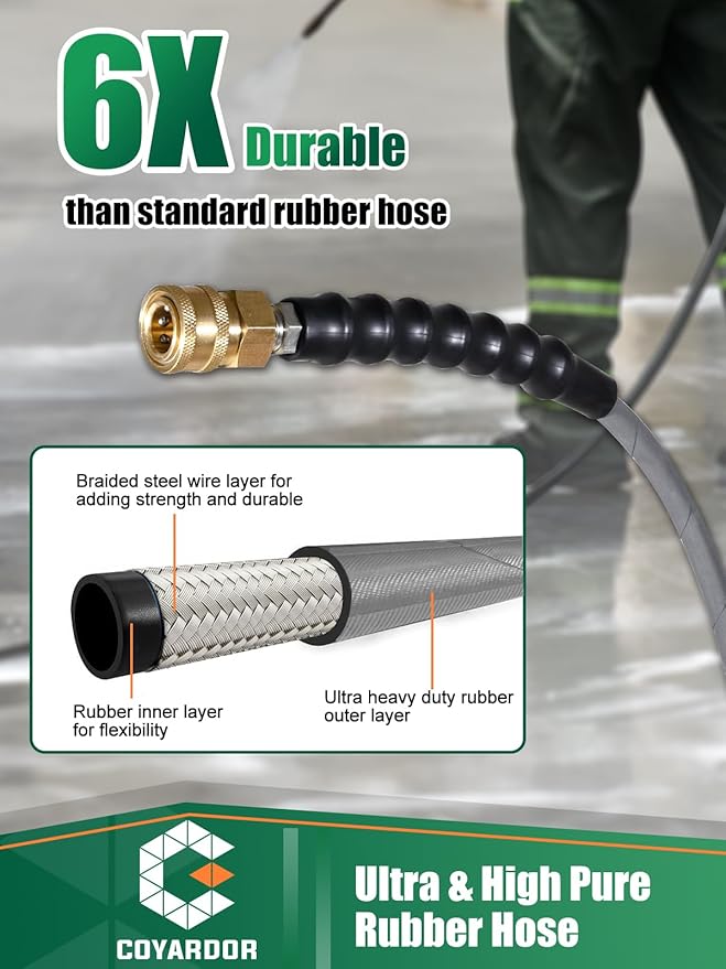 3/8" Pressure Washer Hose 150 FT 4500 PSI, Steel Braided Layer & NonMarking Rubber for Hot/Cold Water High Power Washer Replacement With 3/8 Inch Quick Connect & M22 Fitting, Industrial-grade