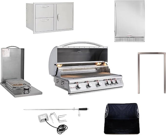 BLAZE BBQ Outdoor Package of 40” LTE Built-in Gas Grill, Gas Dop-In Single Side Burner, 32” Door & Two Drawers Combo, 24” Refrigerator and Accessories (Grill Cover, Fridge Trim, and Rotisserie Kit)