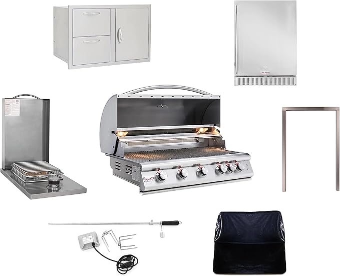 BLAZE BBQ Outdoor Package 11 of 40” LTE Built-in Natural Gas Grill, Single Side Burner, 32” Door & Two Drawers Combo, 24” Refrigerator, Grill Cover, Fridge Trim, Rotisserie Kit and Accessories
