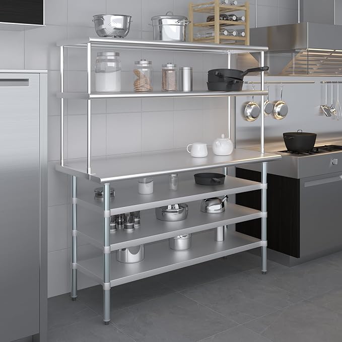 Amgood 24" x 60" Stainless Steel Work Table with 3 Shelves and 18" Wide Double Tier Overshelf | Metal Kitchen Prep Table & Shelving Combo | NSF
