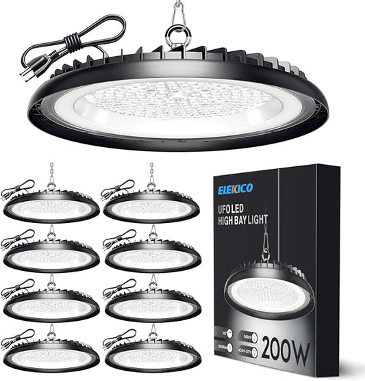 New Super Bright Ultra-Thin 200w High Bay Led Shop Lights| 30000LM 5000K UFO Led High Bay Light with 5ft Cable Hook Safe Rope| Shop&Garage Lighting Lights for Factory Workshop Warehouse Garage Barn