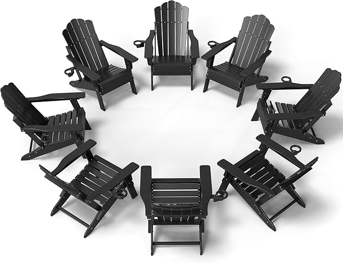 FOOWIN Adirondack Chair Set of 8, Folding Adirondack Chair with Cup Holder, HDPE All-Weather Fire Pit Chair for Patio, Garden, Backyard, Poolside, Black