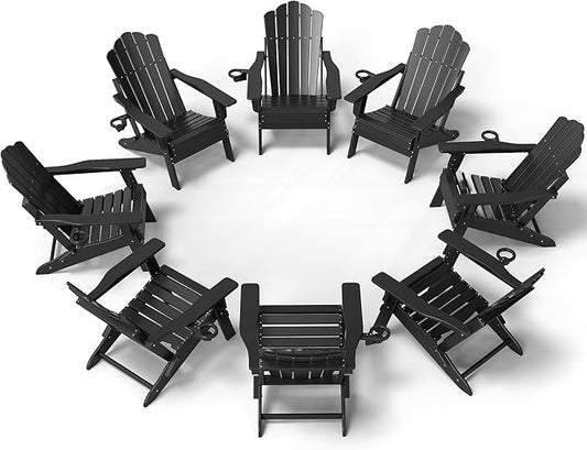 FOOWIN Adjustable Adirondack Chair, Folding Adirondack Chair with Cup Holder, HDPE All-Weather Fire Pit Chair with 3 Recline Positions, Suitable for Patio, Garden, Backyard, Poolside, Grey