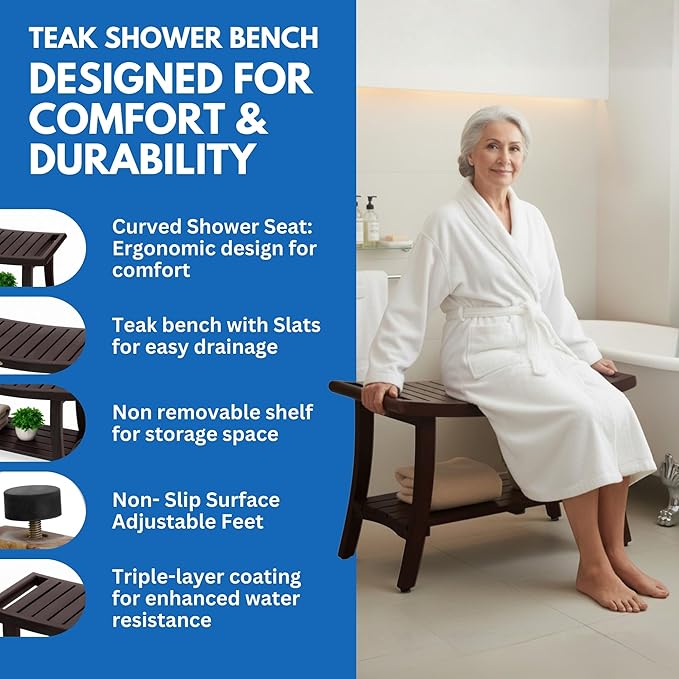 DecoTeak Harmony 30 Inch Brown Waterproof Teak Wood Shower Bench | Provides Safety, Storage, and Organization for Bathroom Accessories