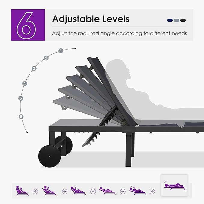 PURPLE LEAF Outdoor Chaise Lounge Chairs Set Recliner Aluminum Adjustable Chair with Wheels and Side Table for Poolside Beach Patio Sunbathing Lounger, Navy Blue