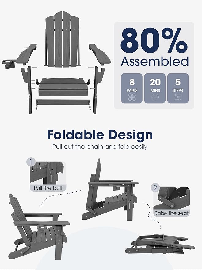 KINGYES Adjustable Folding Adirondack Chair Set of 4, 3-Position Reclining Adirondack Chairs with Cup Holder, HDPE All-Weather Oversized Adirondack for Outdoor, Patio, Backyard Deck, Fire Pit, Gray