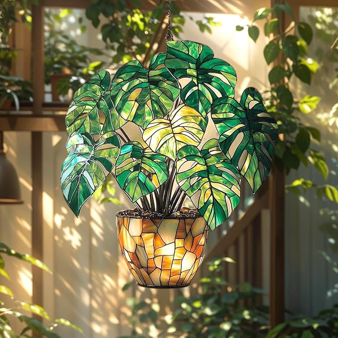 Monstera Christmas Ornament Boho Suncatcher Window Hanging Acrylic Stained Glass Effect Art Garden Decor Unique Botanical Gift for Mom Women Grandma Plant Lover Thanksgiving