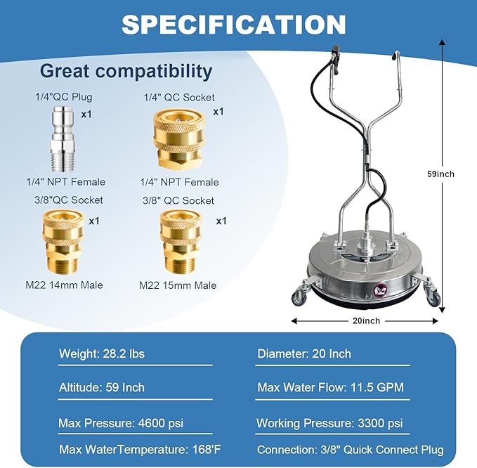 Garvee 24" Pressure Washer Surface Cleaner with 4 Wheels&Dual Handles, 4900PSI Stainless Steel Surface Cleaner Attachment for Pressure Washer for Concrete Driveway Sidewalk Deck Patio (20 in)