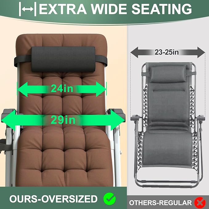 XL Zero Gravity Lounge Chair 29", Oversized Padded Folding Recliner for Patio with Storage Bag, Removable Cushion, Footrest, Full Aluminum Lock & Large Cup Holder, Supports 450 lbs, Brown