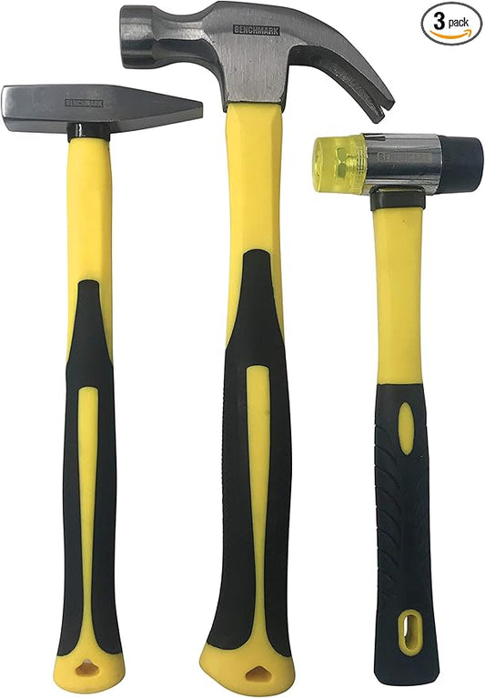 Benchmark - 3 Piece Hammer Set; 16 OZ. Claw Hammer, Tack Hammer; Rubber Mallet (Double SIded); Shock Absorbing Rubber Grips, Durable Fiberglass Handles And Polished Steel Heads
