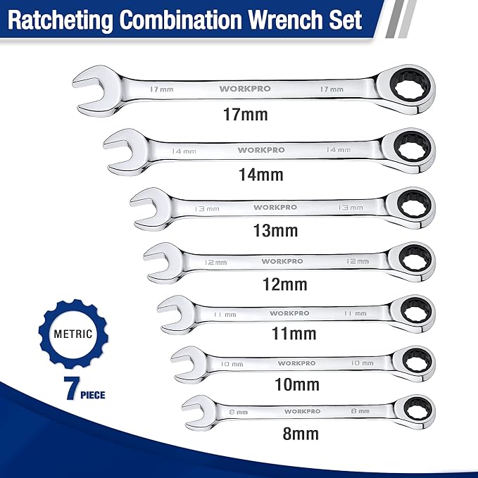 WORKPRO 7-Piece Ratcheting Combination Wrench Set, 72 Teeth, Cr-V Constructed, Combo Ratchet Wrenches Set with Roll Up Pouch, Metric 8mm-17mm