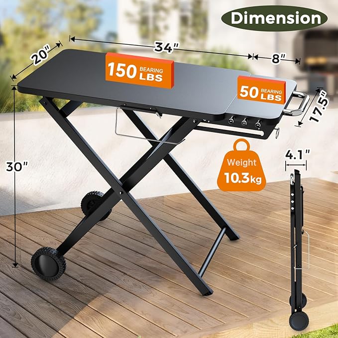 Upgraded Gril Table Stand for Blackstone 17” & 22” Griddle, Ninja Woodfire Outdoor Grills, Ooni Pizza Oven, 34"x20" Foldable Grill Cart with Wheels and Handle for Camping & Backyard BBQ