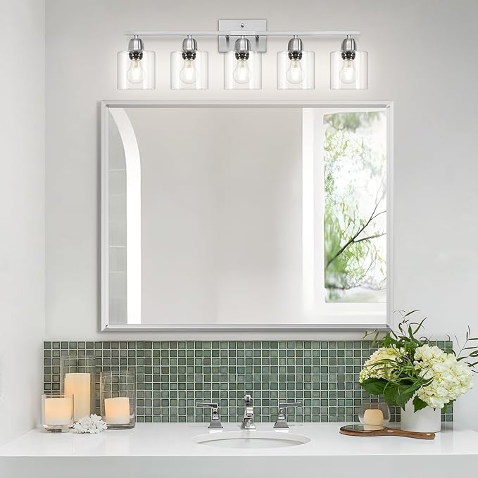 Modern Brushed Nickel 5 Light Bathroom Vanity Light, 31 inch Bathroom Light Fixtures, Vanity Lights with Clear Glass for Mirror Kitchen Living Room Hallway Cabinet Porch