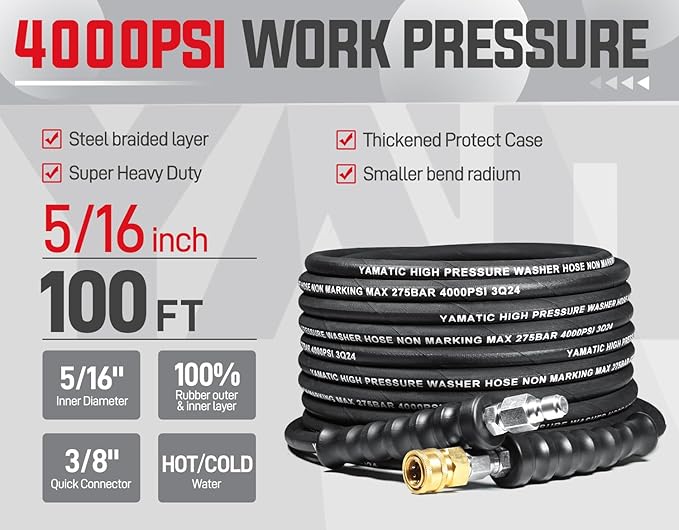 YAMATIC 5/16" Flexible Pressure Washer Hose 100FT, Kink Resistant Swivel 3/8" Quick Connector, 4000 PSI High Durability Cold Hot Water Max. 212°F, Fit Most Residential and Commercial Pressure Washer