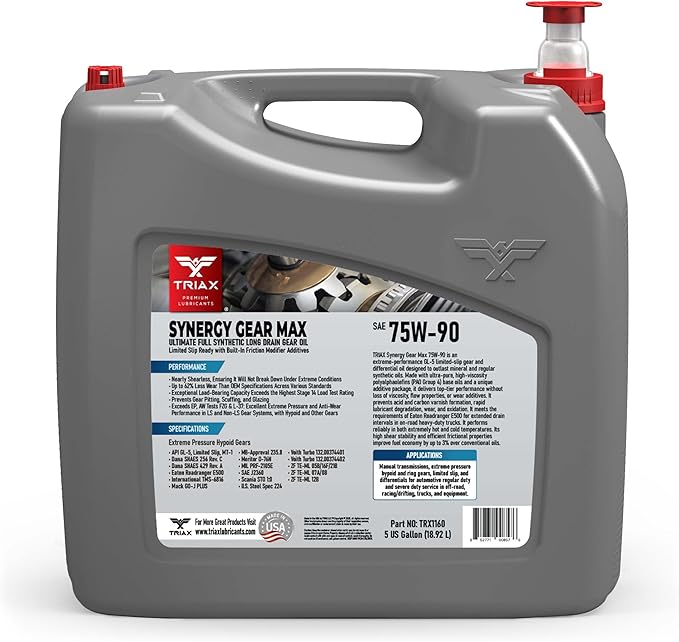 Triax Synergy Gear Max 75W-90 GL-5 Limited Slip, Ultra Long Drain 500k Miles, Manual Transmission, Gear/Differential Lubricant (5 Gallon)
