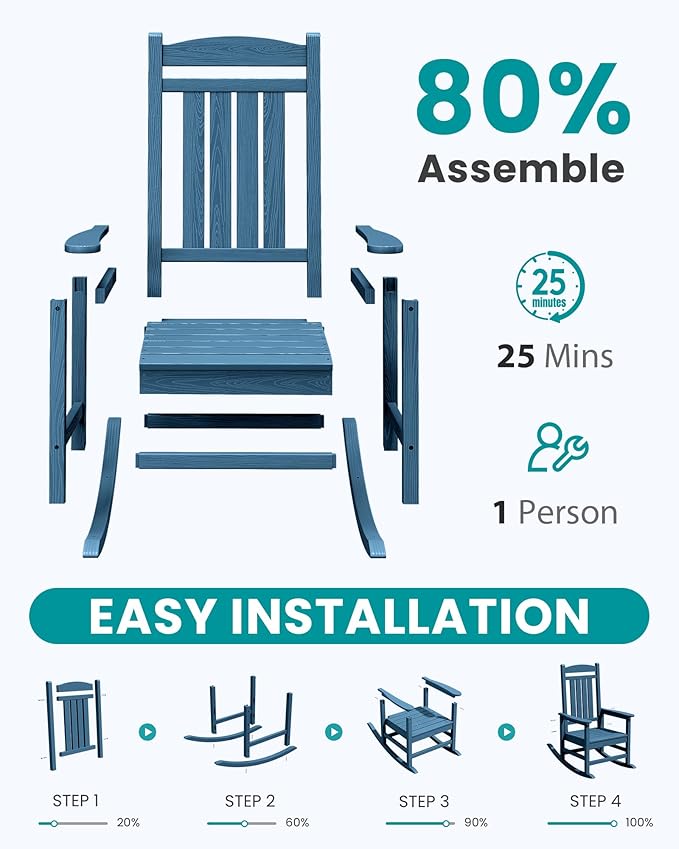SERWALL Patio Rocking Chairs Set of 2, HDPE Outdoor Rocking Chair, All-Weather Porch Rockers for Adults, Blue