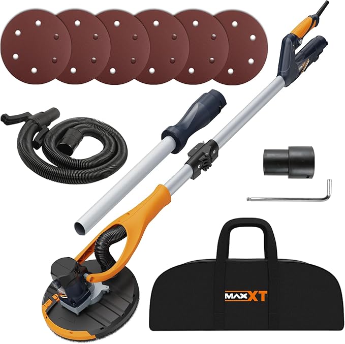 MAXXT Drywall Sander, Lightweight Popcorn Ceiling Removal Tool, 5 Variable Speed Foldable Telescopic Electric Drywall Sander, 800-1700RPM Vertical Power Ceiling Sander With 6pcs SandPapers, Bag