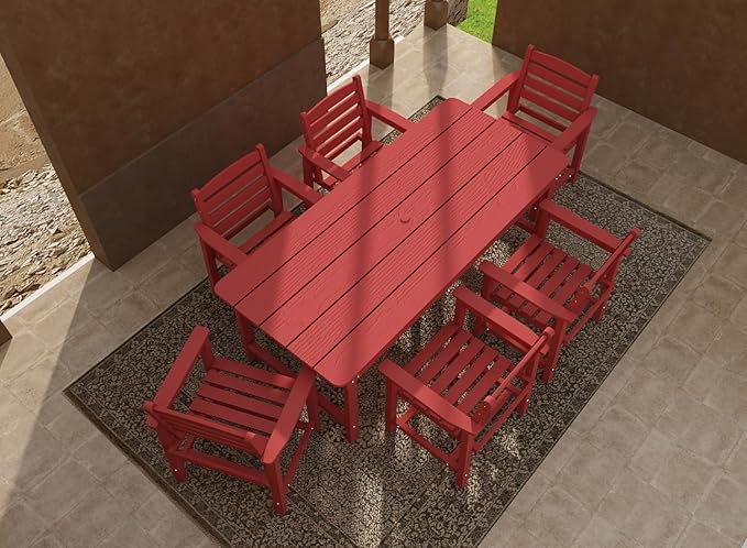 7-Piece Red HDPE Patio Table and Chairs Set, Weather Resistant Outdoor HDPE Dining Table Sets with Umbrella Hole for Lawn, Garden, Deck, Poolside, Balcony