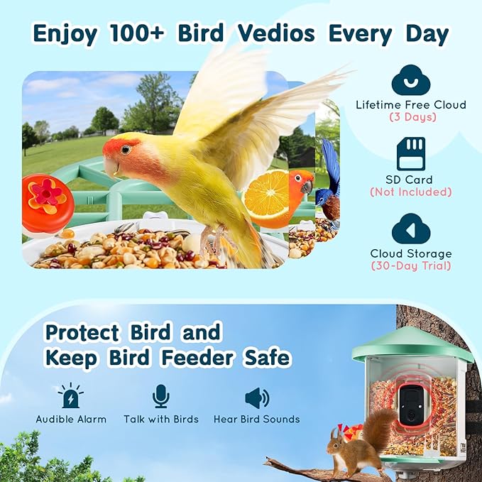VEVOR Smart Bird Feeder with Camera, Solar Powered Bird House Camera, Wireless Outdoor Vedio Birdfeeder with AI Identify Birds, Auto Detect & Instant Notify and 2K Full HD, Ideal Gift for Bird Lover