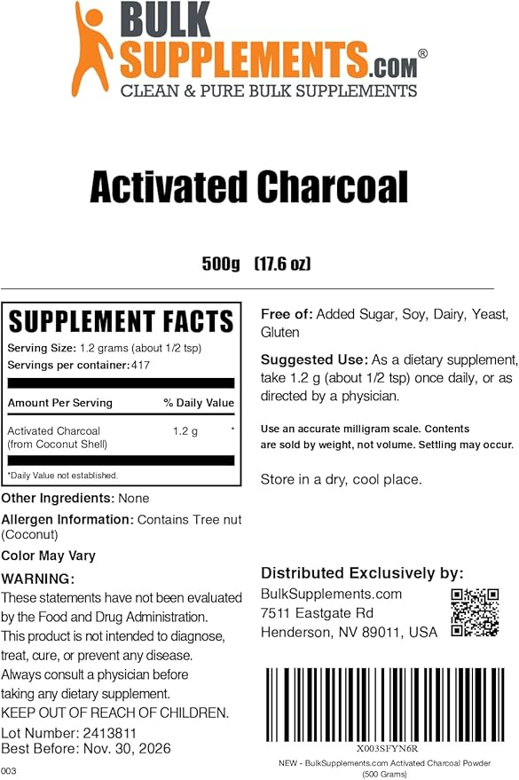 BulkSupplements.com Activated Charcoal Powder - from Coconut Charcoal, for Teeth Whitening - Vegan & Gluten Free, 1.2g per Serving, 500g (1.1 lbs) (Pack of 1)