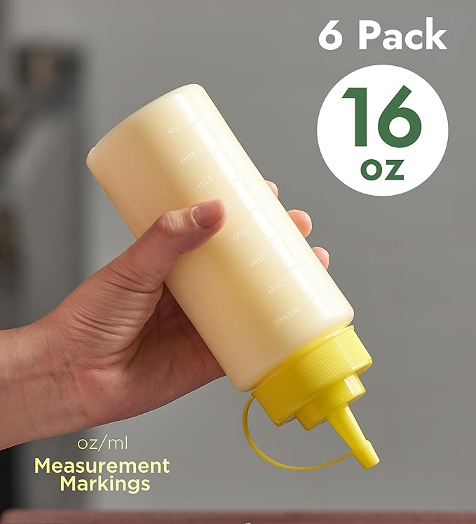 CURTA 6-Pack 16 oz Clear Squeeze Bottle with Cap, BPA-Free Easy-to-Squeeze Plastic Condiment Dispenser with oz & ml Markings for Sauce, Oil, Dressing, Dishwasher Safe, Yellow