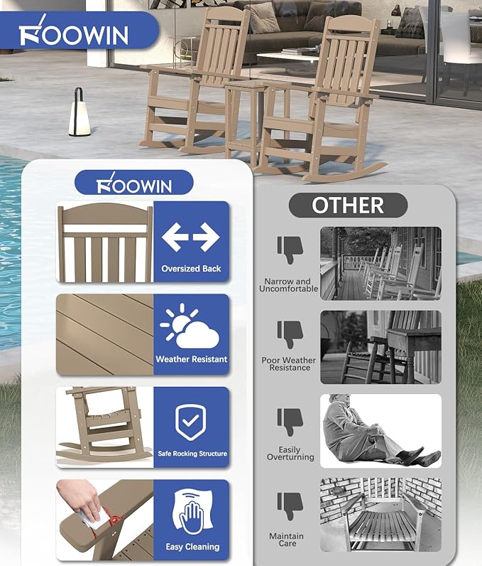 FOOWIN Outdoor Rocking Chair, High Back Patio Rocking Chair, HDPE All Weather Resistant Porch Rocker for Adult, Oversized Rocking Chairs for Garden, Lawn, Indoor & Outdoor Use, Brown
