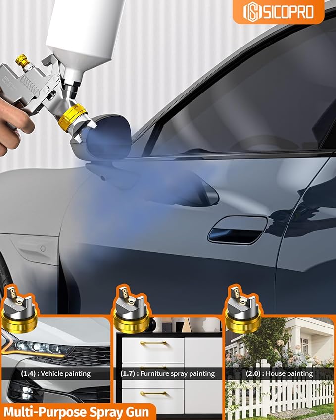 HVLP Paint Sprayer Gun, Air Paint Sprayer for House Painting, Cars, Paint Guns Automotive, 1.4/1.7/2.0mm 15 Nozzle Holes, Air Regulator