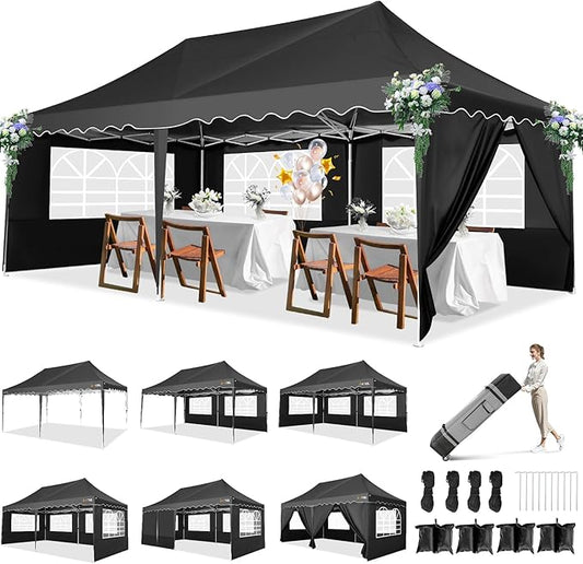 HOTEEL 10x20 Pop Up Canopy with 6 Sidewalls, Easy Setup Party Tent with Wheeled Bag, 4 Weight Bags, Silver Coated Event Shelter for Backyard, Vendor Booths, Black