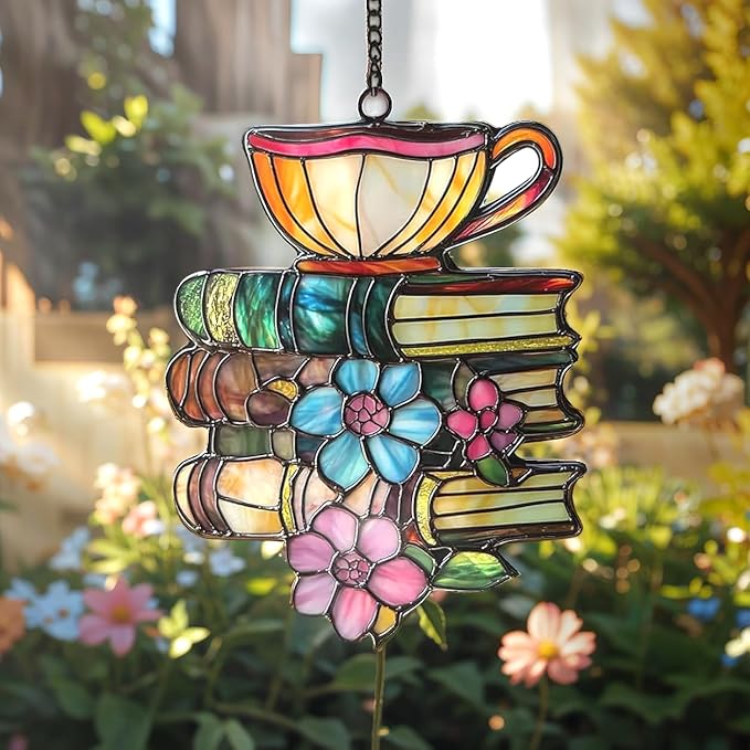 Book Tea Christmas Ornament Floral Teacup Bookish Acrylic Suncatcher Stained Glass Effect Window Hanging for Book Lover Reading Nook Decor Gift for Librarian Readers
