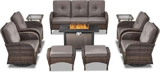 Belord Expansive 10 Pieces Outdoor Patio Furniture Set with 43” Propane Fire Pit Table, Patio Conversation Set with Swivel Rocker Outdoor Chairs Set of 4 and Sofa, Ottoman and Wicker Side Table Brown