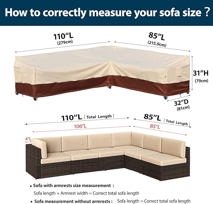 Outdoor Sectional Cover-L-Shaped Patio Furniture Covers Waterproof Rip-Stop Anti-UV 600D Heavy Duty Outdoor Couch Sofa Cover with 3 Air Vents, 110''L （85''L）32''D 31''H