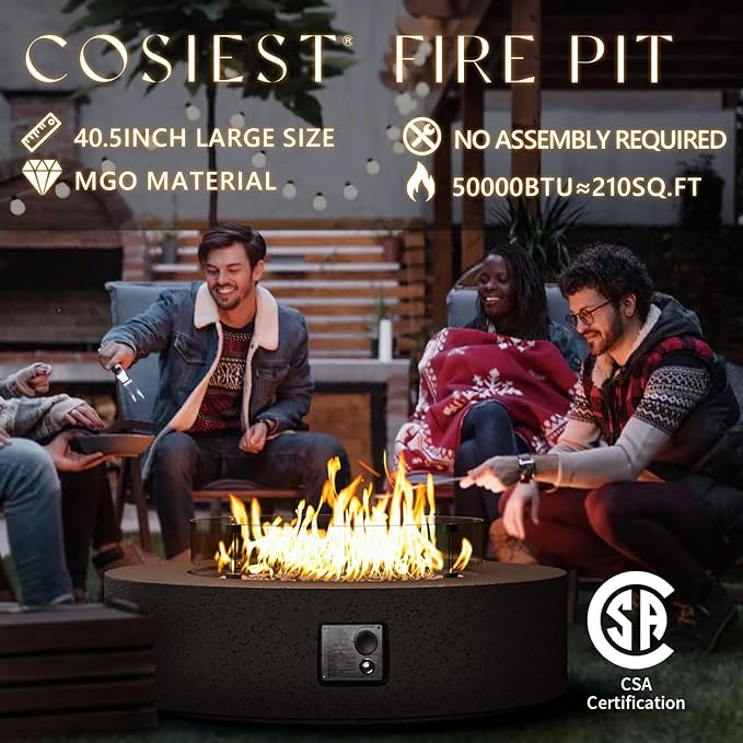 COSIEST 42 inch Outdoor Propane Fire Pit Coffee Table w Concrete Round Base Patio Heater, Certified, 50,000 BTU Stainless Steel Burner, Free Lava Rocks, Rain Cover, Wind Guard, Tank Cover