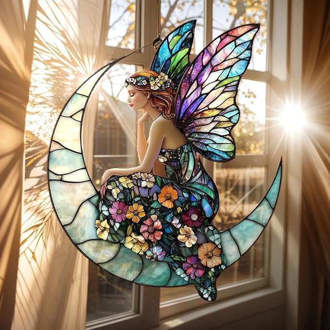 Fairy Christmas Ornament Mythical Creatures Suncatcher Window Hanging Acrylic Stained Glass Effect Art Garden Decor Unique Whimsical Celestial Gift for Mom Thanksgiving