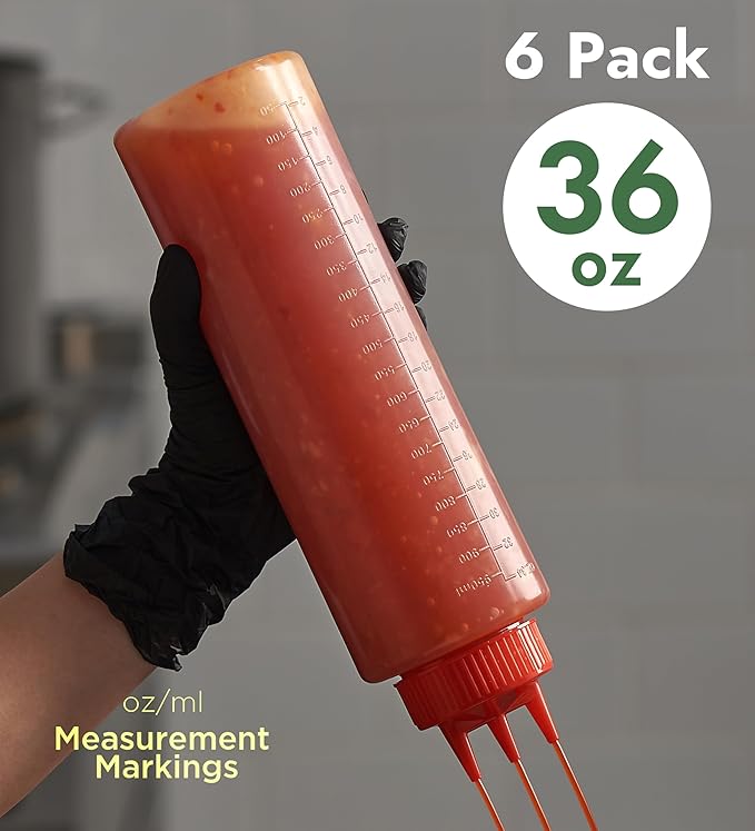 CURTA 6-Pack 36 oz Clear Squeeze Bottle with 3 Open Tips, BPA-Free Easy-to-Squeeze Plastic Condiment Dispenser with oz & ml Markings for Sauce, Oil, Dressing, Dishwasher Safe, Red
