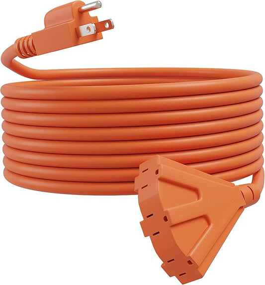 50FT Outdoor Extension Cord, 16/3 SJTW Tri-Tap Power Cable, Weatherproof, Heavy Duty Extension Cord for Holiday Decoration and Landscaping Lights,Orange