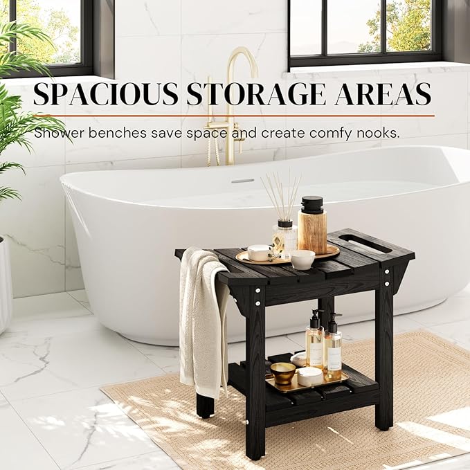 Stoog Shower Bench, Waterproof Shower Stool with Storage Shelf and Handles, Adjustable and Non-Slip Feet (Black, 18.6")