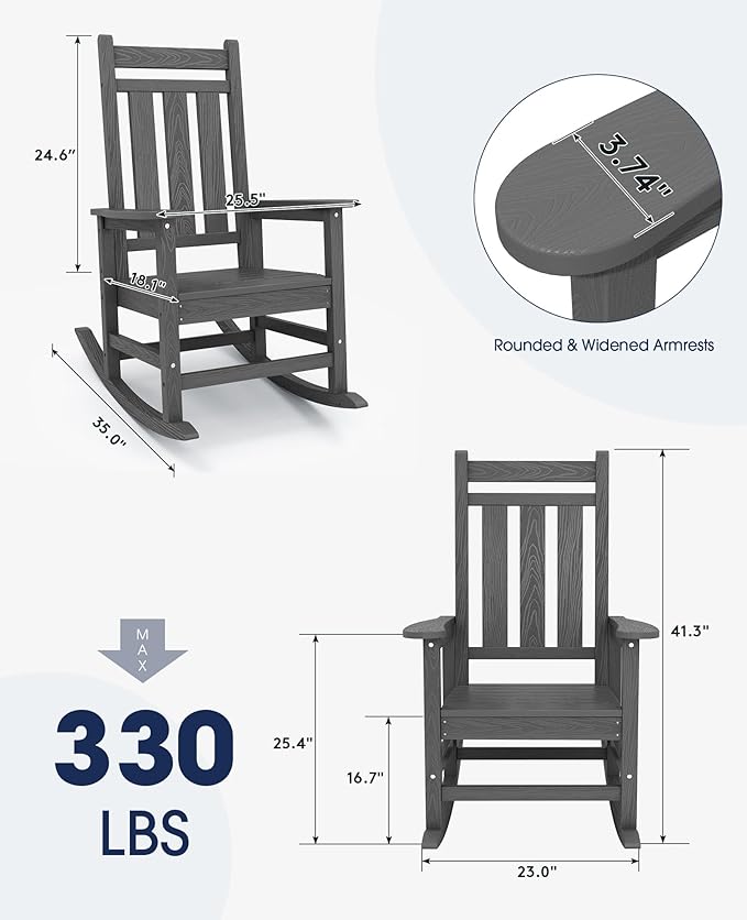 KINGYES Outdoor Rocking Chair Set of 2, All-Weather Patio Rocking Chairs for Porch, HDPE Rocking Outdoor Chairs with High Back for Adult, Heavy Duty Outdoor Patio Rockers for Garden, Lawn, Gray