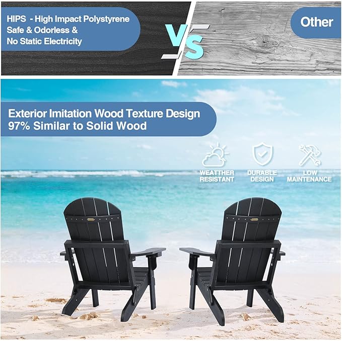 Folding Adirondack Chair, All Weather Resistant Plastic Chairs with Cup Holder, Fold or Unfold Easily in 1 Second, Outdoor Chairs for Patio, Garden, Backyard Deck, Lawn Fire Pit(Black)