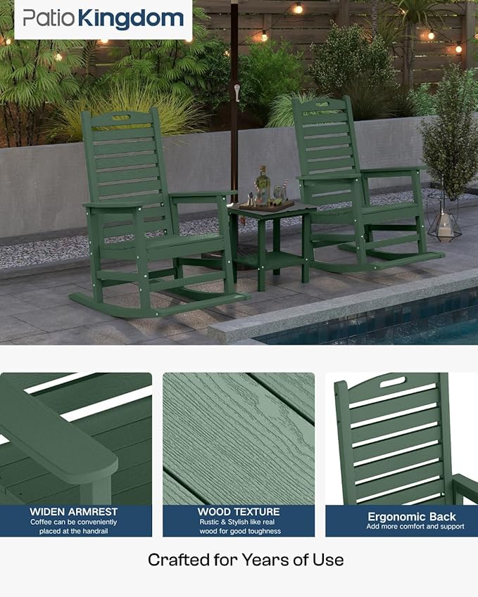 Outdoor Rocking Chairs Set of 2 with Footrest & Side Table, HDPE Modern Rocking Lawn Chair for Garden, Poolside, Deck (Green)