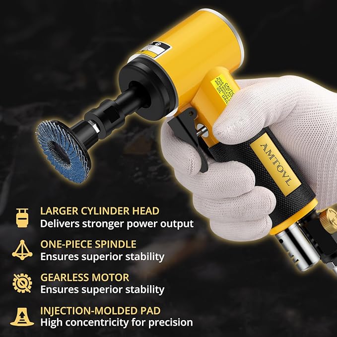 AMTOVL Air Die Grinder Kit, Right Angle Die Grinder with 1/4" 1/8" Collets and 2" Quick Change Roll Lock Sanding Discs Accessories Set, 20,000RPM Pneumatic Air Grinding Tools Attachments