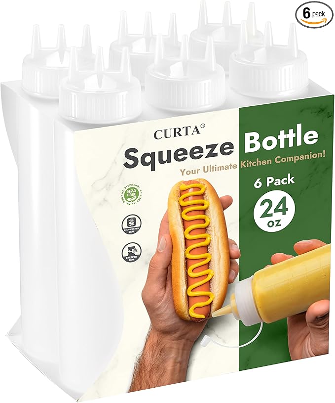 CURTA 6-Pack 24 oz Clear Squeeze Bottle with 3 Open Tips, BPA-Free Easy-to-Squeeze Plastic Condiment Dispenser with oz & ml Markings for Sauce, Oil, Dressing, Dishwasher Safe, White